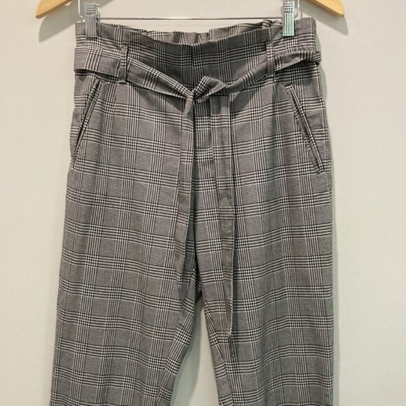Zara Trafaluc Black And White Plaid Paper Bag Belted Trouser Pants - Picture 6 of 15